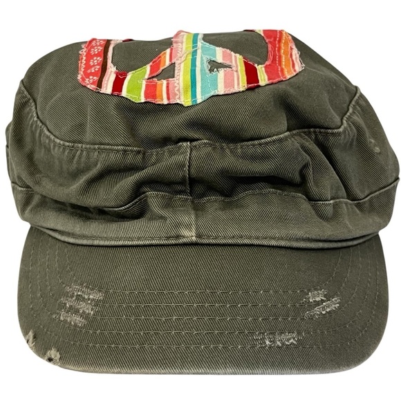 Women's Olive Green Adjustable Newsboy Cap with Colorful Peace Sign Patch - Picture 1 of 9